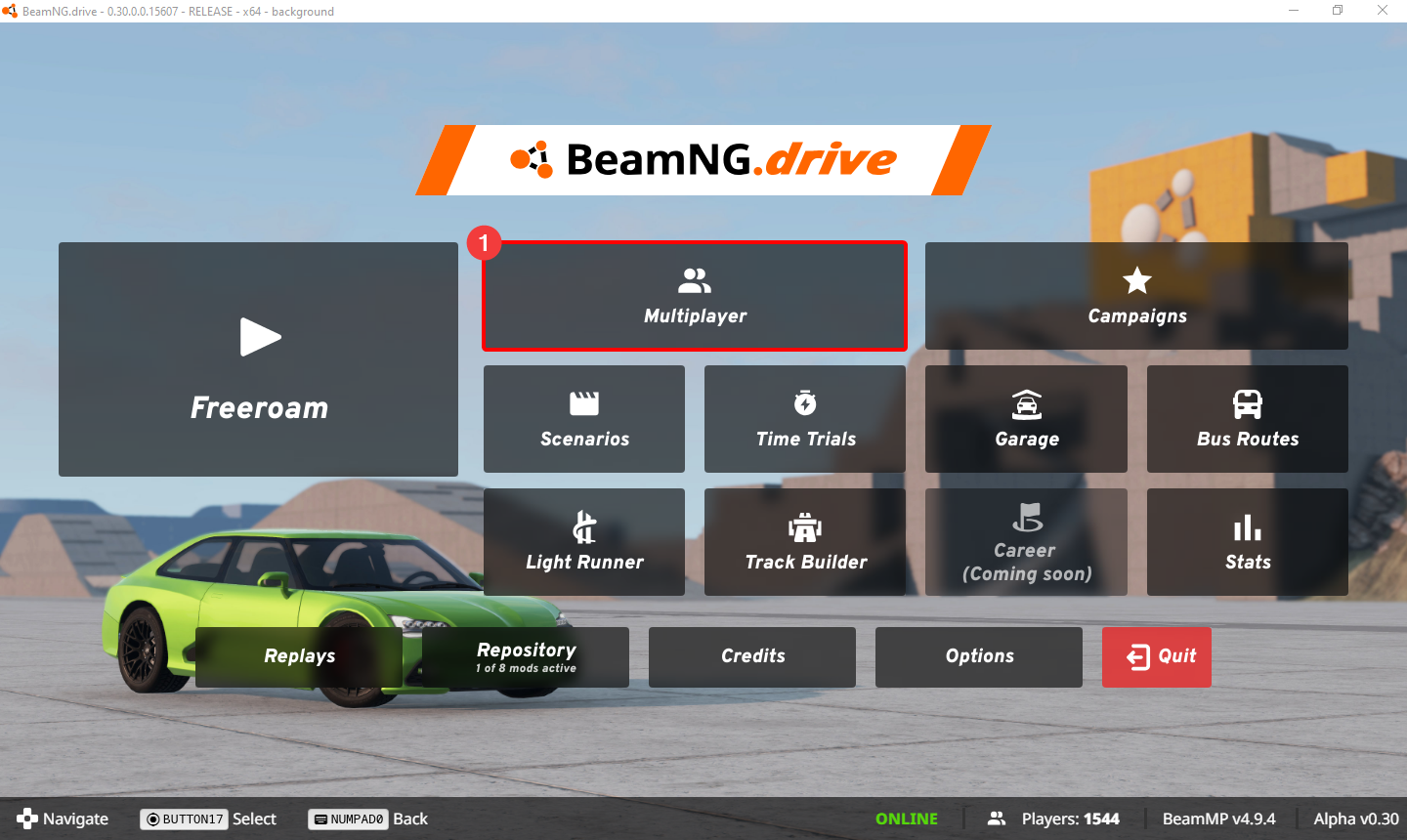 BeamNG.drive Main Menu, with Multiplayer option highlighted